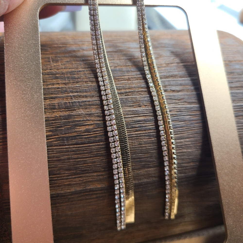 Long Slinky Sexy Goldtone Earrings w/ Long Matching Slinky Rhinestones